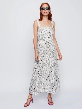 Zara White‎ Maxi Dress with Black and Pink Floral Print